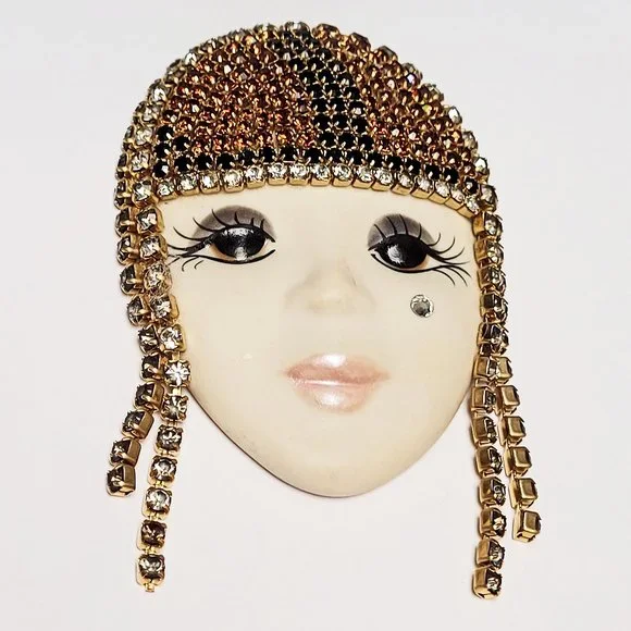 Vintage '87 Art Deco FLAPPER FACE HEADDRESS Porcelain Rhinestone Brooch Signed - Picture 3 of 9